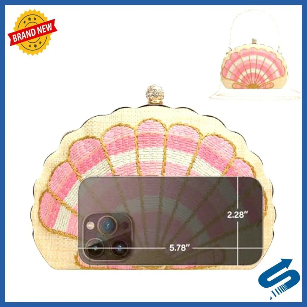 Straw Woven Clutch Purse Embroidered Shell Pattern Handbag Elegant Boho